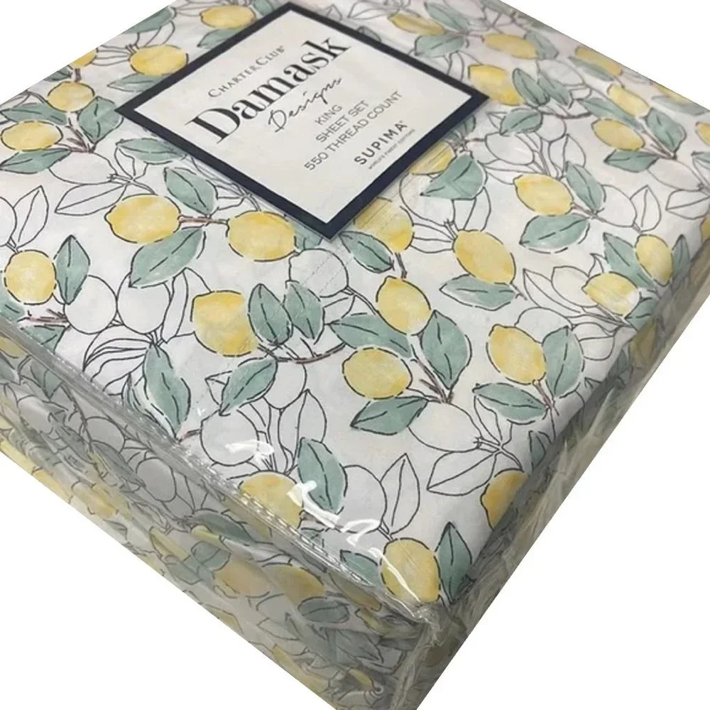new YELLOW + WHITE Charter Club Designs Lemons 550 TC Cotton KING Sheet Set